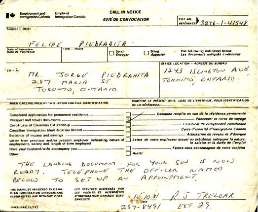 Felipe Piedrahita immigration document