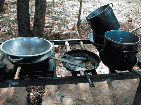 Cookware that is left outside at a therapeutic campsite