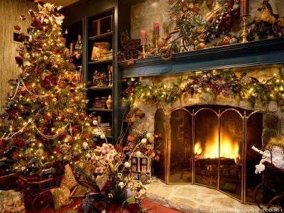 christmas tree and fireplace