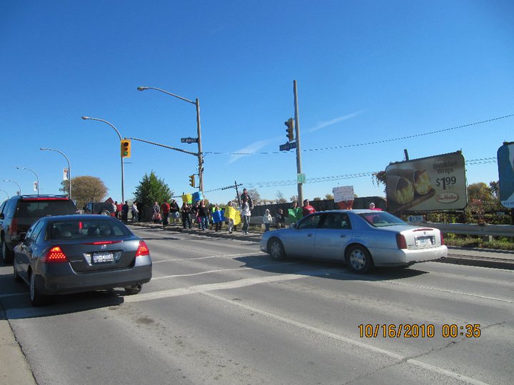 rally on Belleville sidewalk